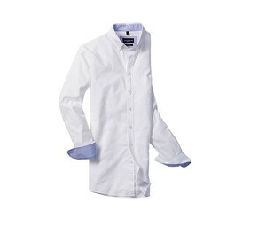 Russell Collection RU920M - Camisa Oxford lavada sob manga comprida masculina White/Oxford Blue